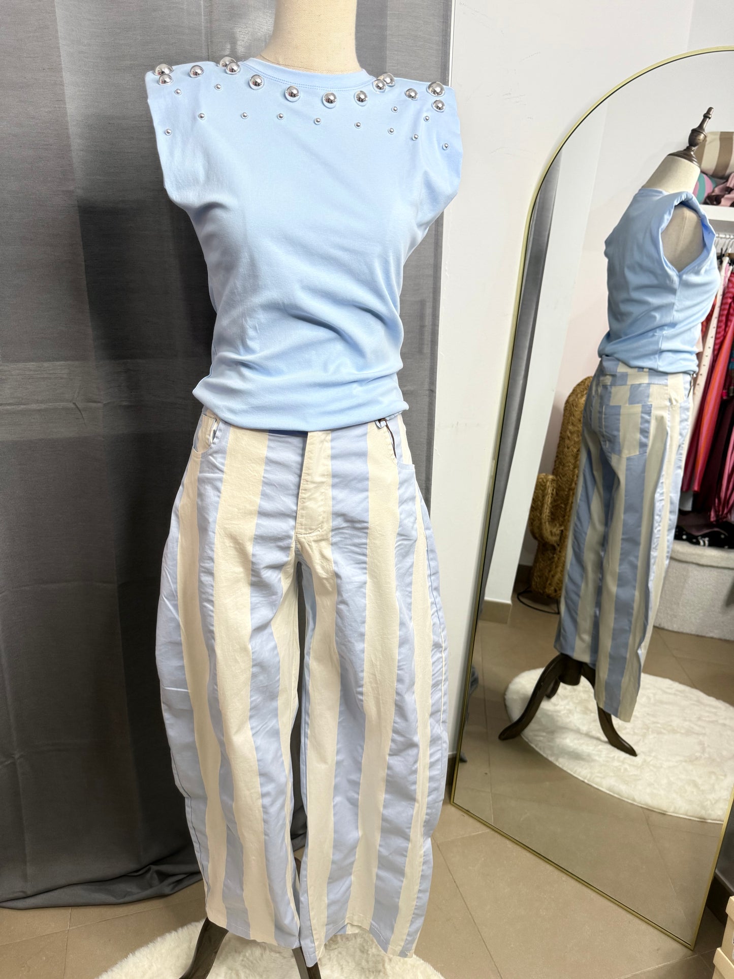 Pantalón rayas celeste baloon
