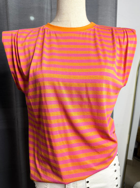 Camiseta hombreras rayas naranja y fucsia